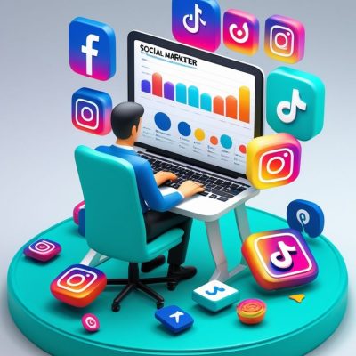A stylized 3D render illustrating social media…
